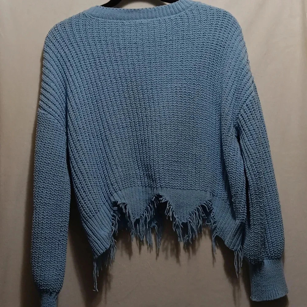 Womens L No Boundaries Grunge Hem Cropped Baby Blue Super Soft Open Knit Sweater - Picture 6 of 6